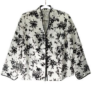 Dressbarn Oriental Jacket Womens Sz 14w Asian Style White w/ Black Floral Lined